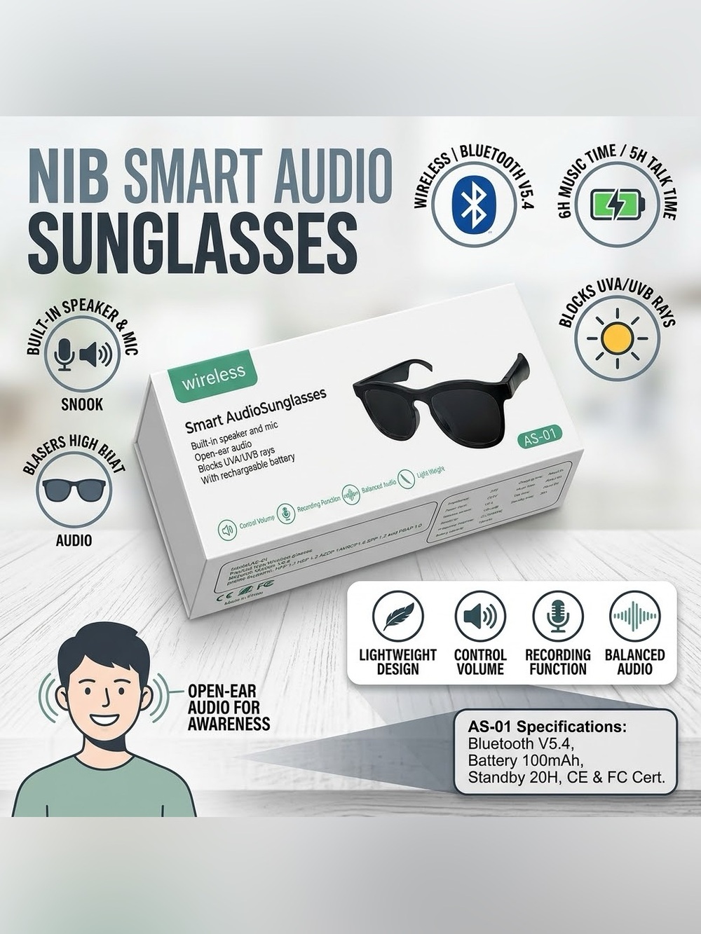 Smart Audio Sunglasses AS-01 - Black Wireless Bluetooth Wearable